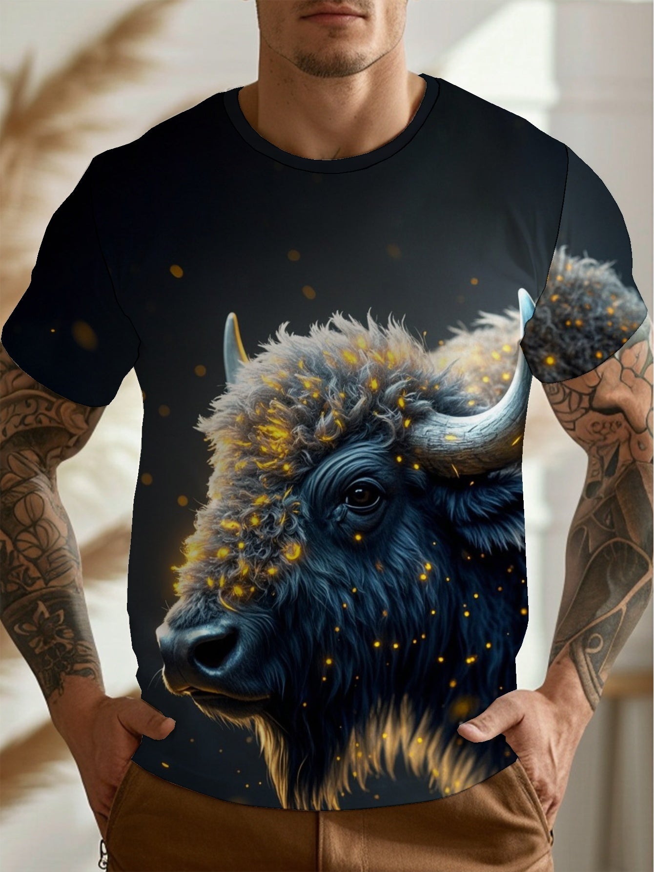Bison Men's short-sleeved T-shirt summer T-shirt top full of print