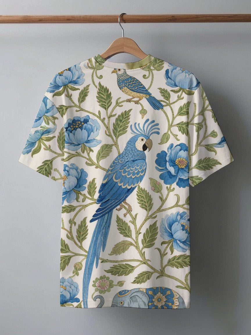 Bird Elephant Blue Peony Men's short-sleeved T-shirt summer T-shirt top full of print