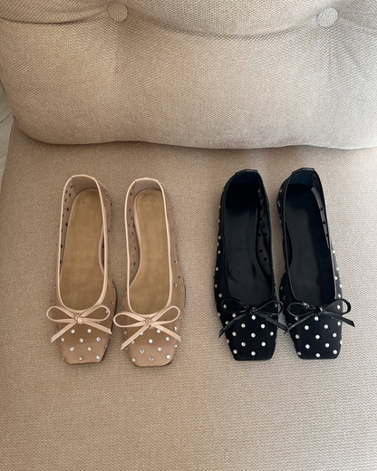 Pearl Rhinestone Mesh Ballet Bow Flats