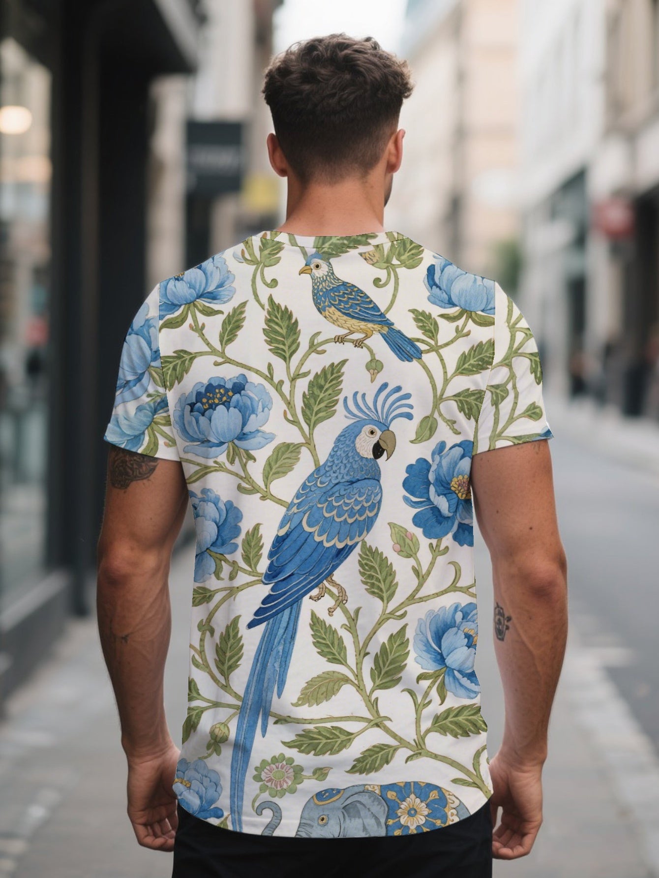 Bird Elephant Blue Peony Men's short-sleeved T-shirt summer T-shirt top full of print