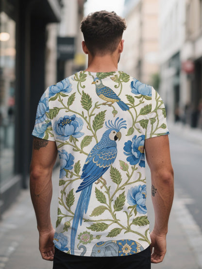 Bird Elephant Blue Peony Men's short-sleeved T-shirt summer T-shirt top full of print