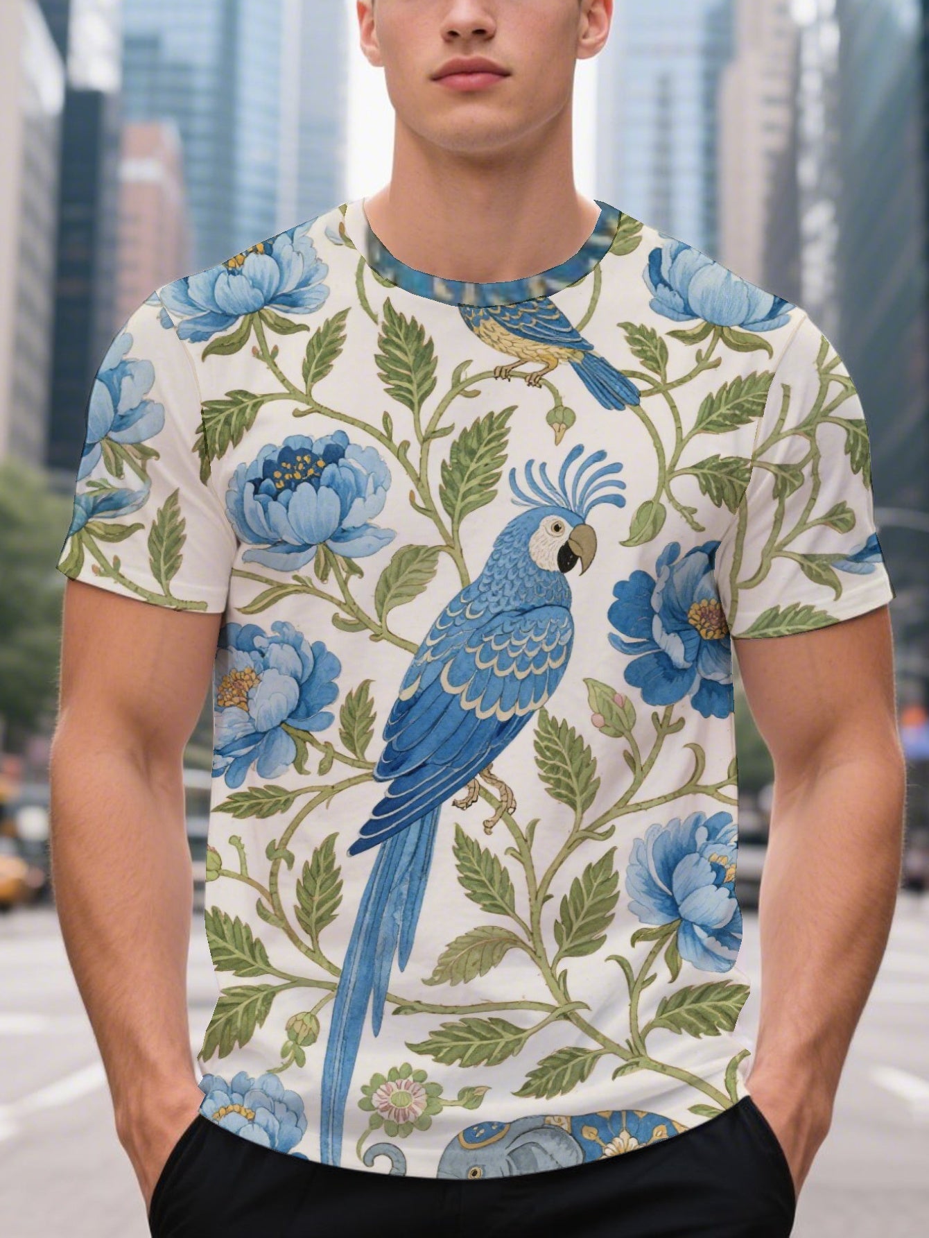 Bird Elephant Blue Peony Men's short-sleeved T-shirt summer T-shirt top full of print
