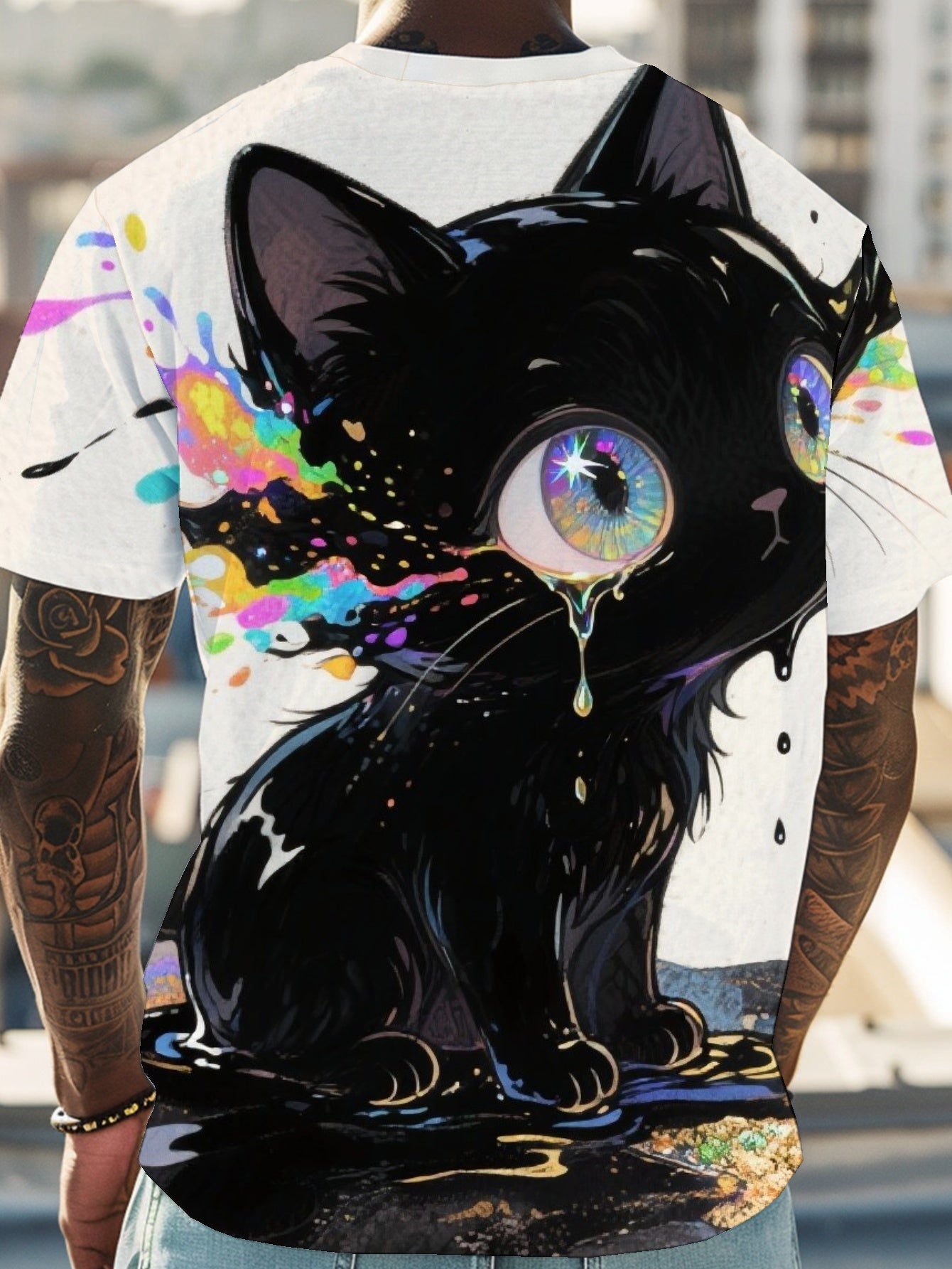 Color Cat Men's short-sleeved T-shirt summer T-shirt top full of print