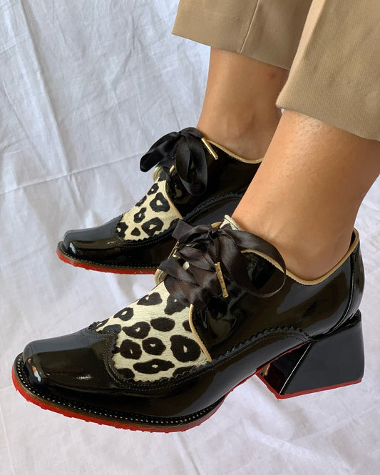 Leopard Print Leather Block Heel Ankle Boots